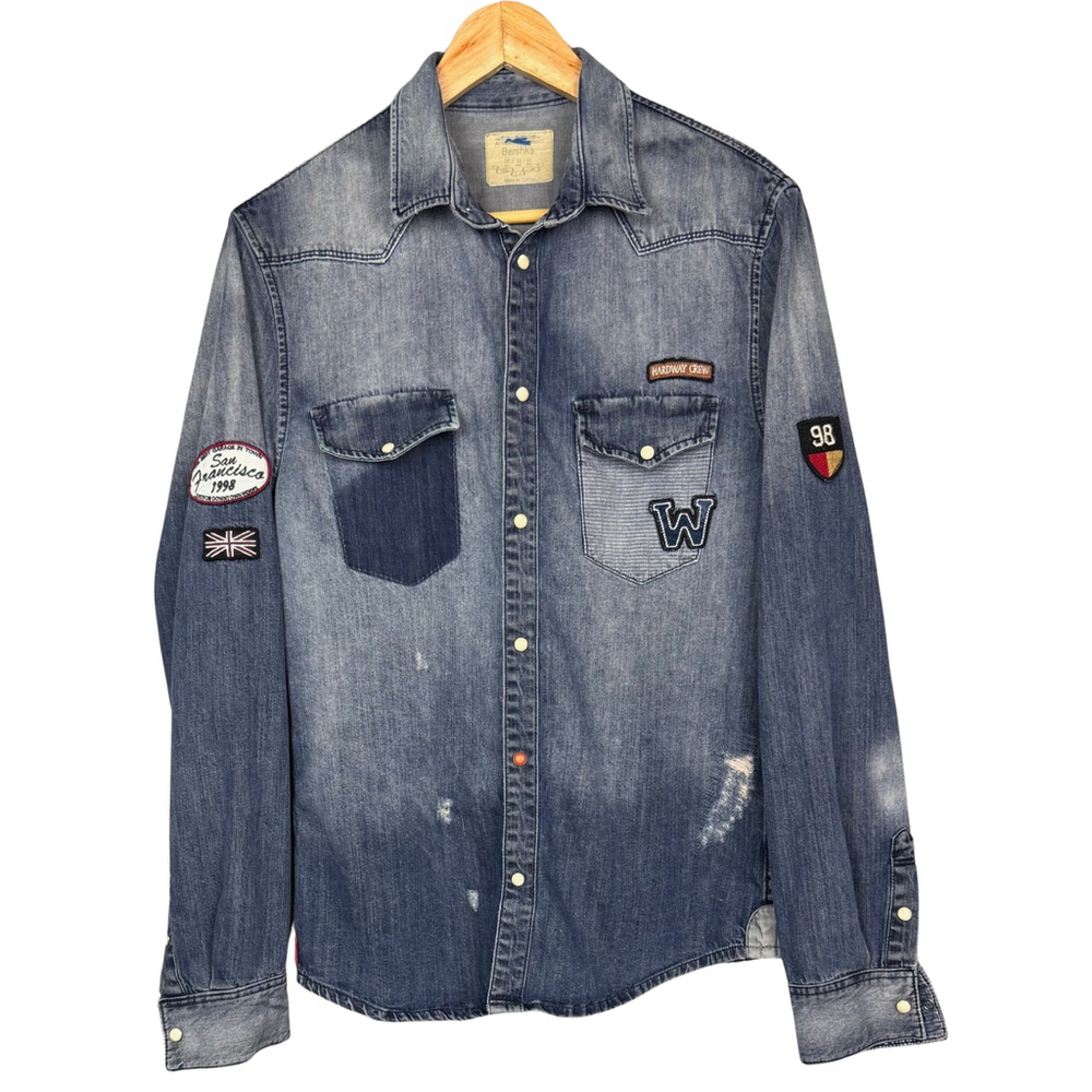 Vtg Bershka Womens Jacket Denim San Francisco Riders Hardway Pearl Snap Medium‎